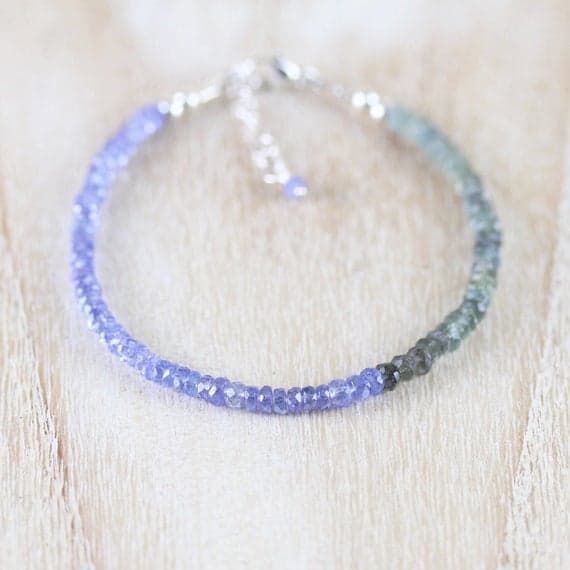 925 sterling Silver Anxiety Relief Calming 3.5mm stacking Blue & Gray Moss Aquamarine & Tanzanite Bracelet Rondelle, Faceted 7" for mens, womens, gf, bf & Adult.
