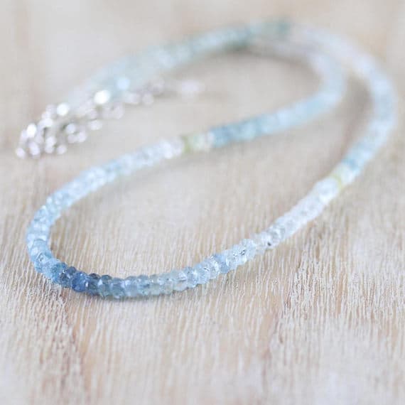 925 sterling Silver love beach youth 3mm stacking Aqua Aquamarine Necklace Rondelle, Faceted 16" for mens, womens, gf, bf & Adult.