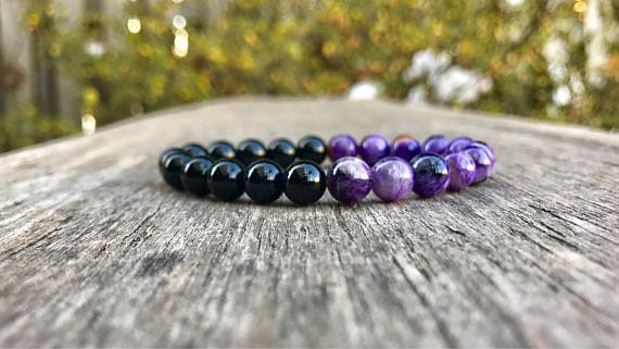 top quality 8mm Stretchable Black & Purple Charoite and Black Onyx  Bracelet Round, Smooth 7" for mens, womens, gf, bf & Adult.