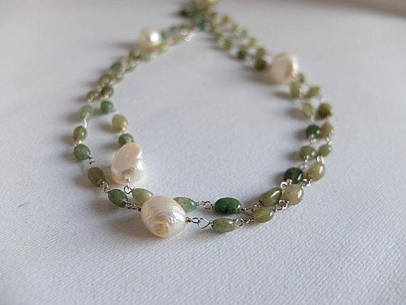 AAA++ Rare Quality Green Gemstone and Pearl,long necklace,Gold  filled,Green Chrysoprase necklace made from Green Chrysoprase and large freshwater white pearls Code- TJH165