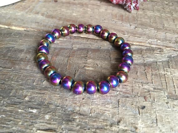 Artisan Loose 6mm Multi Colour Multi color Hematite Stretchable Bracelet Round, Smooth 18cm for mens, womens, gf, bf and adults.