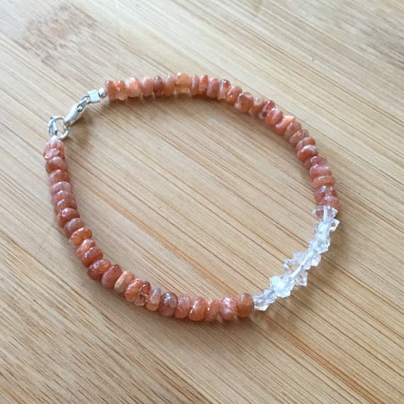 925 sterling Silver Empath Protection 3-4mm stacking Orange Herkimer Diamond & Sunstone  Bracelet Rondelle, Smooth 7" for mens, womens.