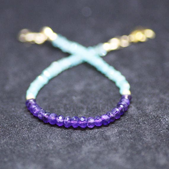 24k gold Plated Artisan Loose 3-4mm stacking Blue & Purple Natural Amethyst and Apatite  Bracelet Rondelle, Faceted 7" for mens, womens, gf, bf & Adult.