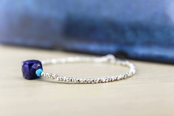 925 sterling Silver good luck gift Silver Helling 7mm stacking Blue LAPIS LAZULI  Bracelet Box, Faceted 7" for mens, womens.