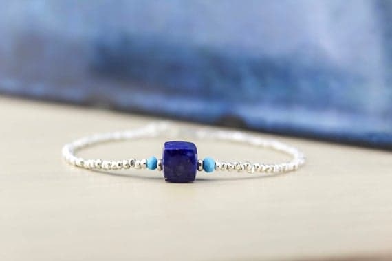 925 sterling Silver Natural 7mm stacking Blue Lapis Lazuli Bracelet Box, Faceted 7" for mens, womens.