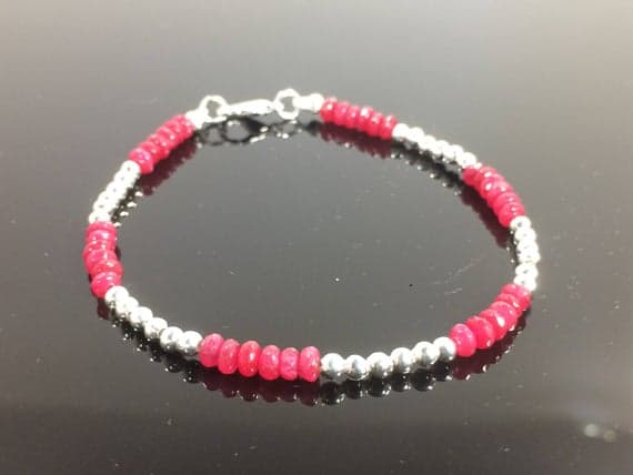 925 sterling Silver Rock Gift Silver Helling 4-5mm stacking Red Ruby Bracelet Rondelle, Faceted 7" for mens, womens, gf, bf & Adult.