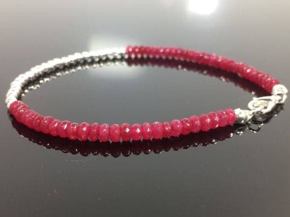 925 sterling Silver Anxiety Relief Calming Silver Helling 4-5mm stacking Red Ruby Bracelet Rondelle, Faceted 7" for mens, womens, gf, bf & Adult.