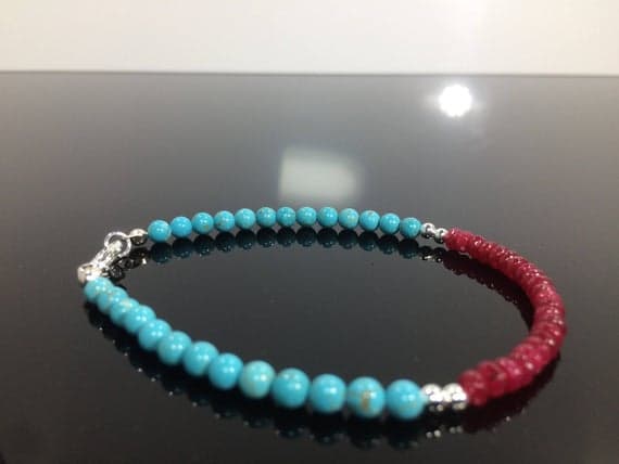 925 sterling Silver Empath Protection Silver Helling 4-5mm stacking Blue & Red Ruby Turquoise Bracelet Round & Rondelle, Smooth 7" for mens, womens, gf, bf & Adult.