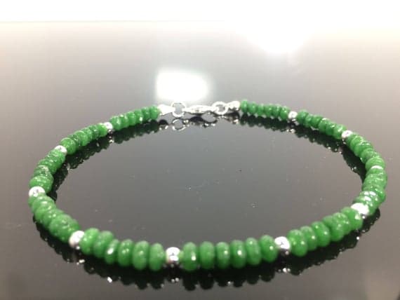925 sterling Silver good luck gift Silver Helling 3-4mm stacking Green Emerald Bracelet Rondelle, Smooth 7" for mens, womens, gf, bf & Adult.