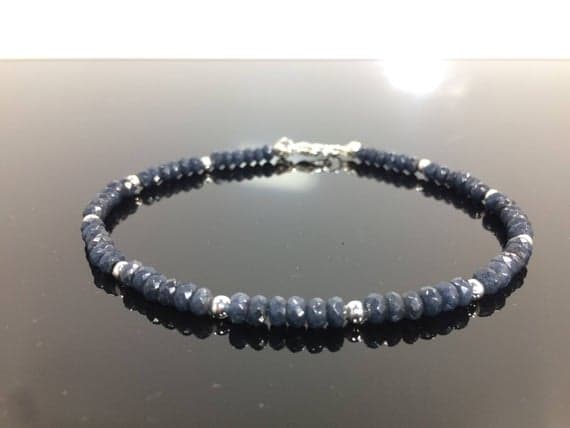 925 sterling Silver chakras simple Silver Helling 4-5mm stacking Blue Sapphire Bracelet Rondelle, Faceted 7" for mens, womens, gf, bf & Adult.