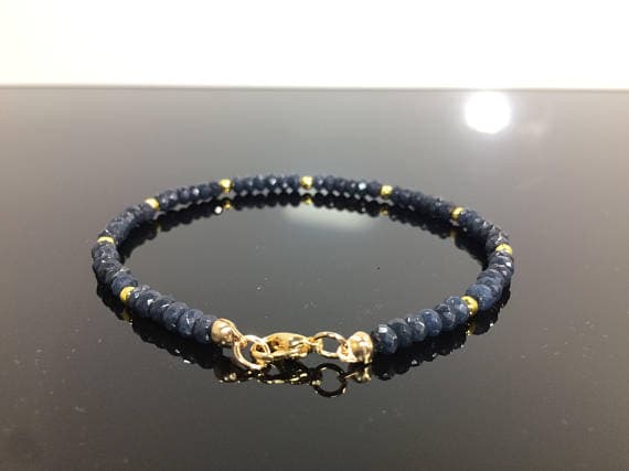 24k gold Plated Unique Wedding Gift Gold Helling 4-5mm stacking Blue Sapphire Bracelet Rondelle, Faceted 7" for mens, womens, gf, bf & Adult.
