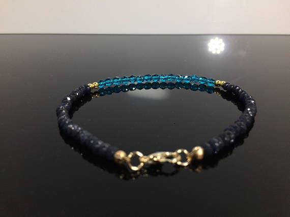 24k gold Plated Bridesmaid Jewelry Gold Helling 4-5mm stacking Blue Sapphire and Apatite  Bracelet Round & Rondelle, Faceted 7" for mens, womens, gf, bf & Adult.