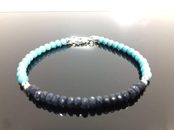 925 sterling Silver Dainty Slave Loose Silver Helling 4-5mm stacking Blue Sapphire and Turquoise Bracelet Rondelle, Faceted & Smooth 7" for mens, womens, gf, bf & Adult.