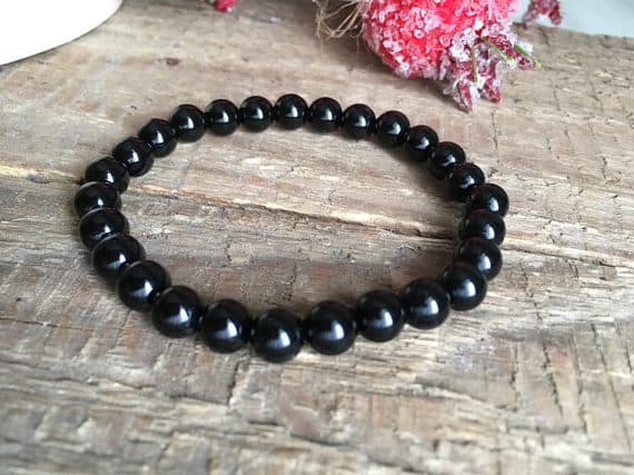 Empath Protection 6mm Black Black Smooth Onyx Stretchable Bracelet Round, Smooth 18cm for mens, womens, gf, bf and adults.