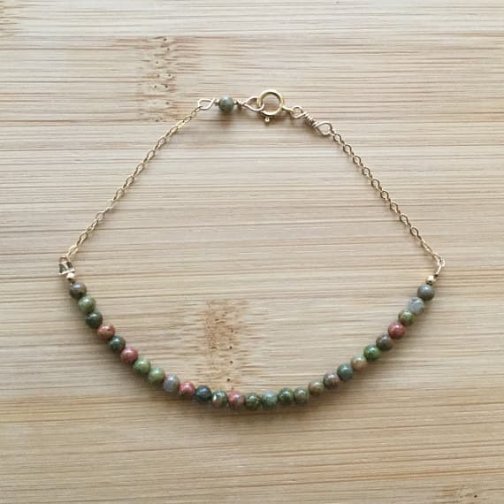 24k gold Plated Unique Wedding Gift 3mm stacking Green Unakite Bracelet Round, Smooth 7" for mens, womens.