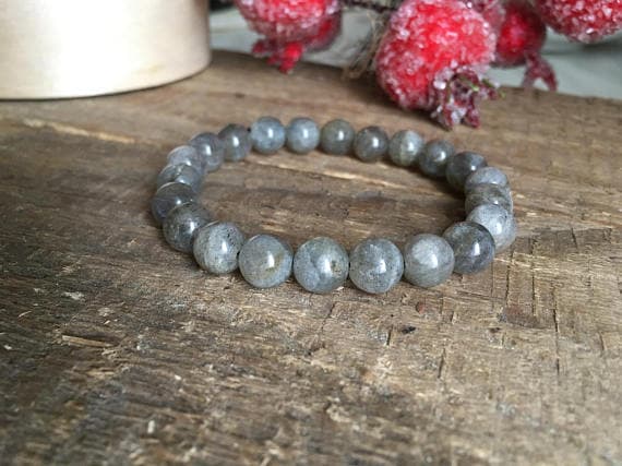 Unique Wedding Gift 6mm Gray Rainbow Labradorite Stretchable Bracelet Round, Smooth 18cm for mens, womens, gf, bf and adults.