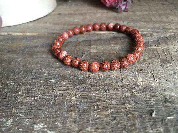 Rock Gift 6mm Red Gold  Sand Stone  Stretchable Bracelet Round, Smooth 18cm for mens, womens, gf, bf and adults.