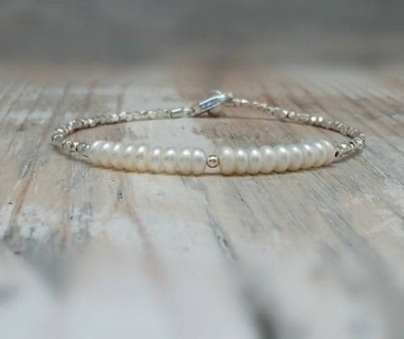 Pearl And Silver Beads Bracelet, Freshwater Pearl Layering Bracelet, June Birthstone, Bridal Bracelet, Organic Jewelry 4 mm Code- WAR6668