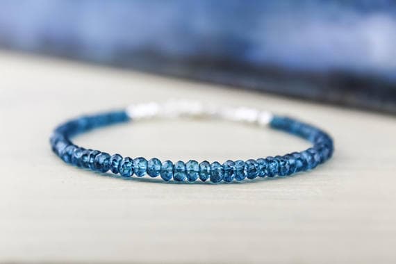925 sterling Silver good luck gift 3.5-4mm stacking Blue London Blue Topaz  Bracelet Rondelle, Faceted 7" for mens, womens.