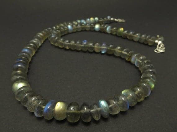 925 sterling Silver memorial gift 8.5mm stacking Gray labradorite Necklace Rondelle, Smooth 17" for mens, womens.