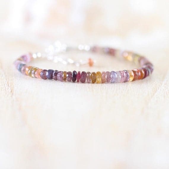 925 sterling Silver Handmade Beaded 4mm stacking Multi Sapphire Bracelet Rondelle, Faceted 7" for mens, womens, gf, bf & Adult.