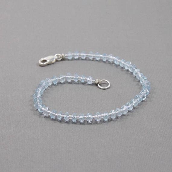 Blue Topaz Bracelet Something Blue December Birthstone Sterling Silver Womens Gift for Her Gemstone Dainty Stacking Beaded Bridal Blue Bead 3mm  Code- WAR6535