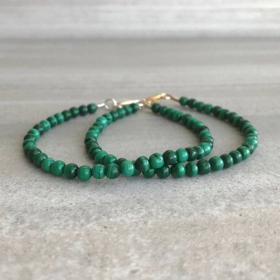 24k gold Anxiety Gemstone 4mm Green Malachite & Emerald Green stacking Bracelet Round, Smooth 18cm for mens, womens, gf, bf and adults.
