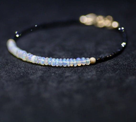 24k gold Plated chakras simple Gold Helling 3-3.5mm stacking Black & White Natural Black Spinel & Natural Welo Opal Bracelet Rondelle, Faceted & Smooth 7" for mens, womens, gf, bf & Adult.