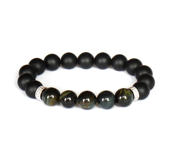 good luck gift 10mm Multi Colour Blue Tiger Eye & Matte Black Onyx Stretchable Bracelet Round, Smooth 18cm for mens, womens, gf, bf and adults.