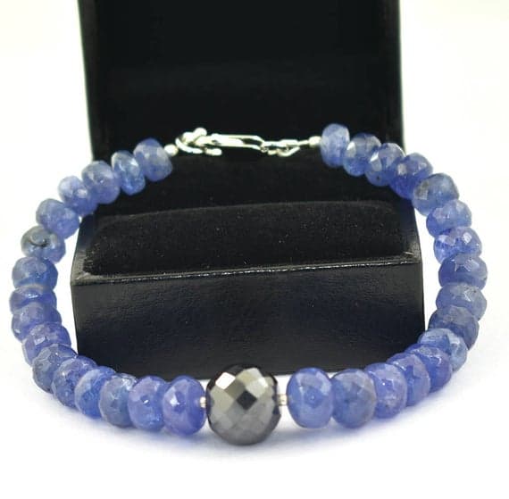 925 steling silver Rock Gift 5-7mm Stracking blue Tanzanite & Black Diamond Bracelet Rondelle, Faceted 7" for mens, womens, GF, BF, Adults.