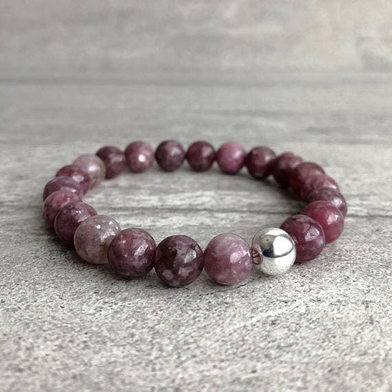 925 sterling silver Rock Gift 8mm Pink Pink Lepidolite Stretchable Bracelet Round, Smooth 18cm for mens, womens, gf, bf and adults.