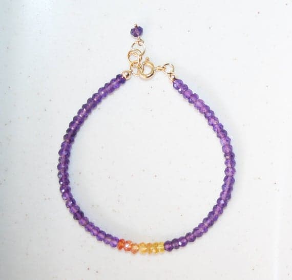 24k gold Plated Personalized Gift 3.5-4mm stacking Multi Amethyst and Sapphire Bracelet Rondelle, Faceted 7" for mens, womens.