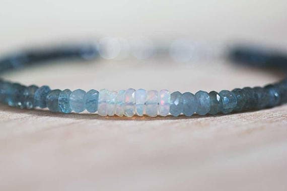 AAA++ Rare Quality Moss Aquamarine Bracelet with Welo Opal, Delicate Ethiopian Opal Jewelry, Beaded Shaded Jewelry, Sterling Silver Platedor Rose Gold  Filled 4mm 7 inches Code- TJH491
