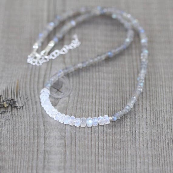 925 sterling Silver Grounding 3.5-4mm stacking Multi Rainbow Moonstone & Labradorite Necklace Rondelle, Faceted 16" for mens, womens, gf, bf & Adult.
