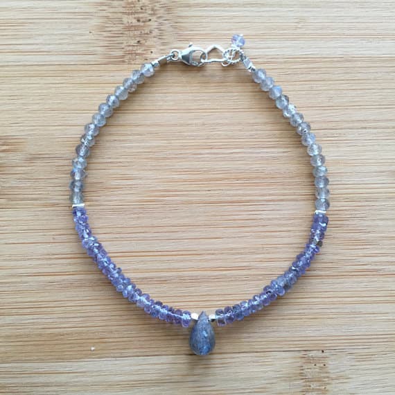 925 sterling Silver Jewelry Energy 3-4mm stacking Multi Tanzanite and Labradorite Bracelet Drop & Rondelle, Faceted 7" for mens, womens.