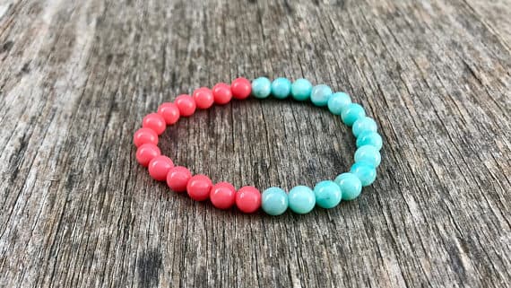 memorial gift 6mm Stretchable Blue & Pink Blue Amazonite and Pink Coral Bracelet Round, Smooth 7" for mens, womens, gf, bf & Adult.