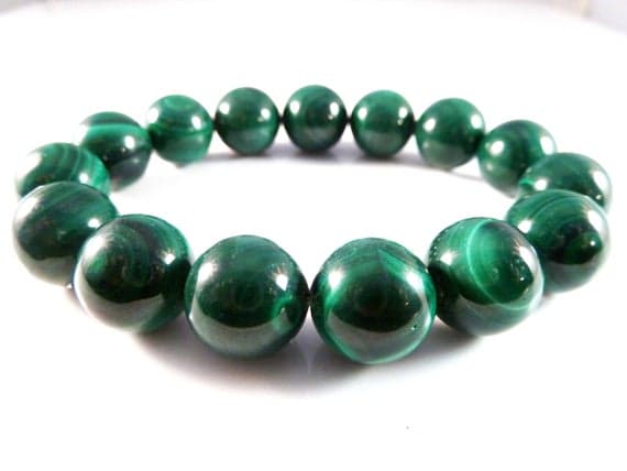 Grounding 13mm Stretchable Green Bulls Eye Malachite  Bracelet Round, Smooth 7.5" for mens, womens, gf, bf & Adult.