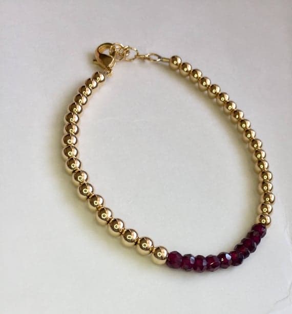 24k gold Plated Natural Gold Helling 7-8mm stacking Red Garnet Bracelet Round, Faceted 7" for mens, womens, gf, bf & Adult.