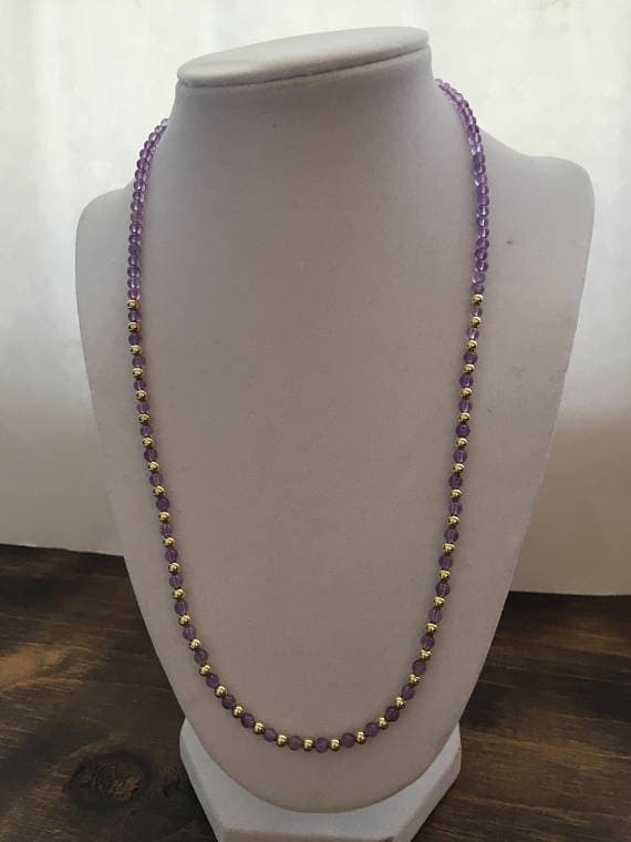 24k gold Plated memorial gift Gold Helling 3-4mm stacking Purple Amethyst Necklace Round, Smooth 21" for mens, womens, gf, bf & Adult.