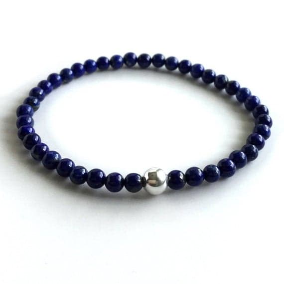 925 sterling silver Anxiety Gemstone 4mm Blue Genuine Lapis Lazuli Stretchable Bracelet Round, Smooth 18cm for mens, womens, gf, bf and adults.