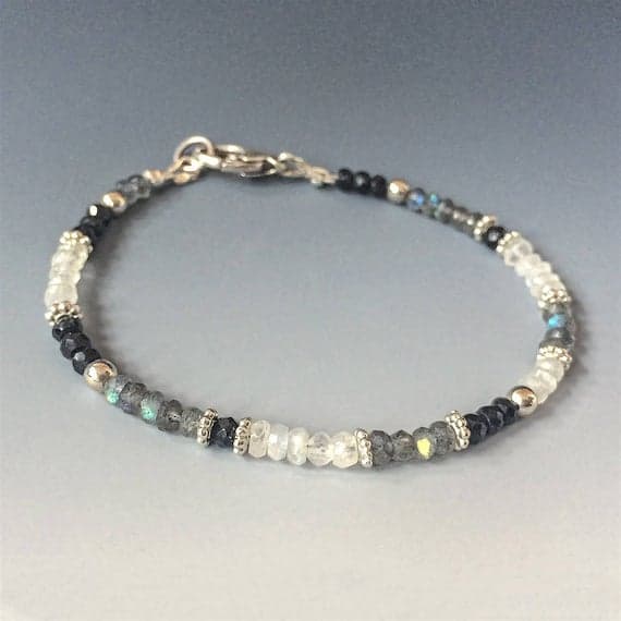 Slim Gemstone Bracelet e Genuine Faceted Labradorite, Moonstone, Black Spinel, & Sterling Silver, Skinny Bracelet, Stylish Gemstone Bracelet 3mm  Code- WAR6839