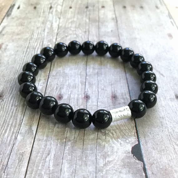 925 sterling silver Bridesmaid Jewelry 8mm Black Black Onyx  Stretchable Bracelet Round, Smooth 18cm for mens, womens, gf, bf and adults.