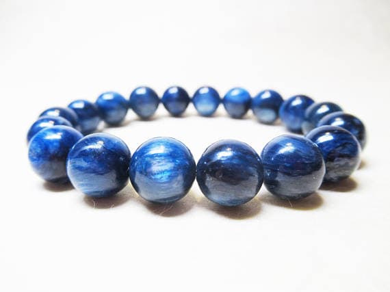 Unique Wedding Gift 10mm Stretchable blue Kyanite Bracelet Round, Smooth 7.5" for mens, womens, GF, BF, Adults.