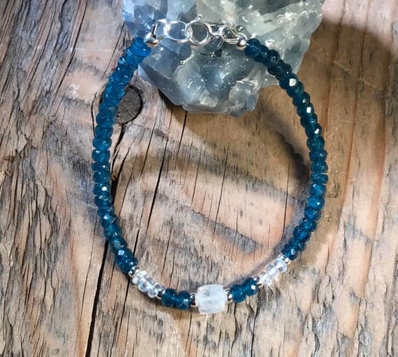 Neon Blue Apatite and Moonstone Bracelet- moonstone Faceted cube- energy healing Gemstones -Sterling- Boho-Stacking 6 x 6mm-4 mm Code- WAR6792