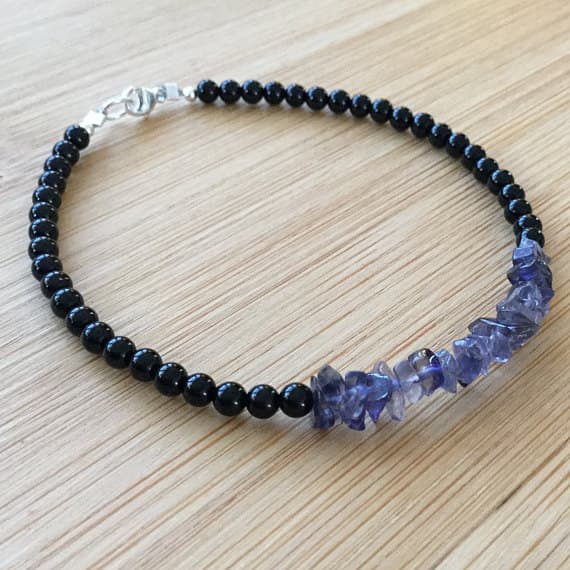 925 sterling Silver Wholesale 3mm stacking Black & Blue Onyx and Iolite Bracelet Round, Smooth 7" for mens, womens.