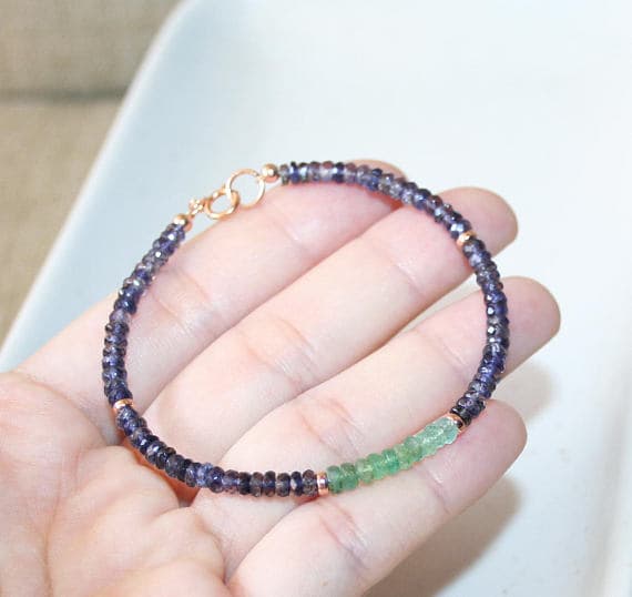 24k gold Plated Dainty Slave Loose Gold Helling  3.5-4mm stacking Multi Iolite and Green Emerald  Bracelet Rondelle, Faceted 7" for mens, womens.