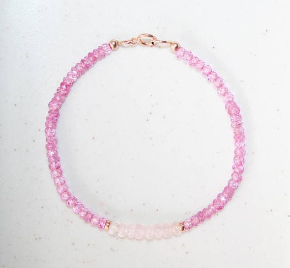 24k gold Plated Blush Jewelry Gold Helling 3-4mm stacking Multi Mystic Pink Topaz and Morganite Bracelet Rondelle, Faceted 7" for mens, womens.