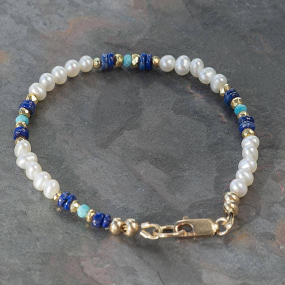 White Pearl Bracelet with Natural Lapis Lazuli, Genuine Sleeping Beauty Turquoise, Gold Pyrite, 14K Gold Filled Clasp and Findings, Handmade 3-4mm Code- WAR6831