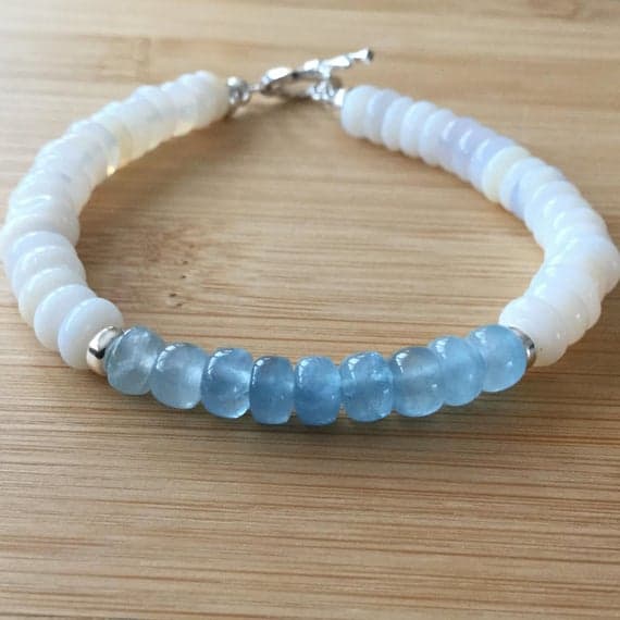 925 sterling Silver Empath Protection Silver Helling 4-5mm stacking Multi Aquamarine and Mexican Opal Bracelet Rondelle, Smooth 7" for mens, womens.
