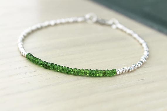925 sterling Silver Grounding 3mm stacking Green CHROME DIOPSIDE Bracelet Rondelle, Faceted 7" for mens, womens.